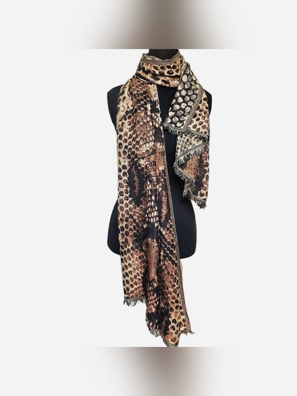 International Concepts Scarf Womens One Size Brown Animal Print Fringe Boho NWOT